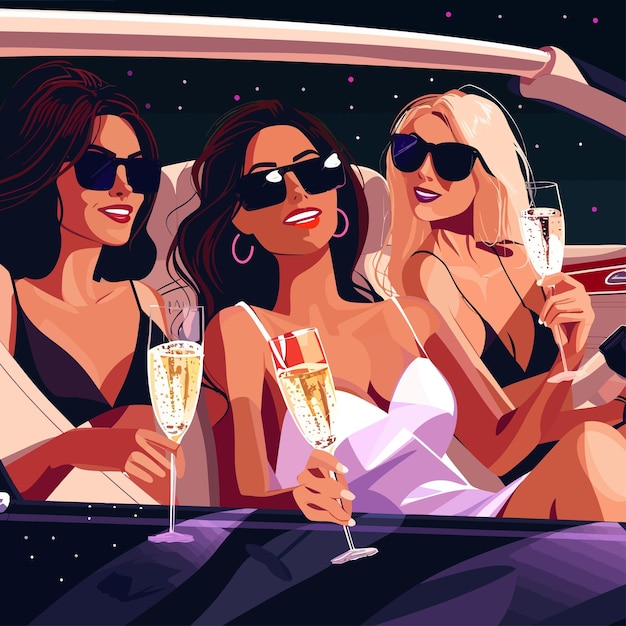 Vector celebrity_vrouwen_zitten_in_luxe_auto_met_bril