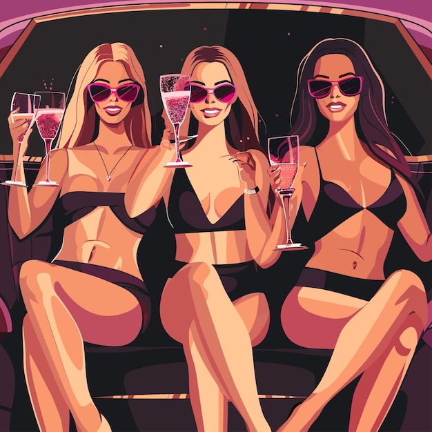 Vettore celebrity_women_sit_in_luxury_car_with_glasses
