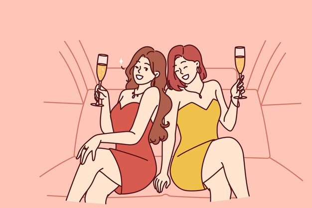 Vector celebrity women sit in luxury car with glasses filled with sparkling wine during bachelorette party