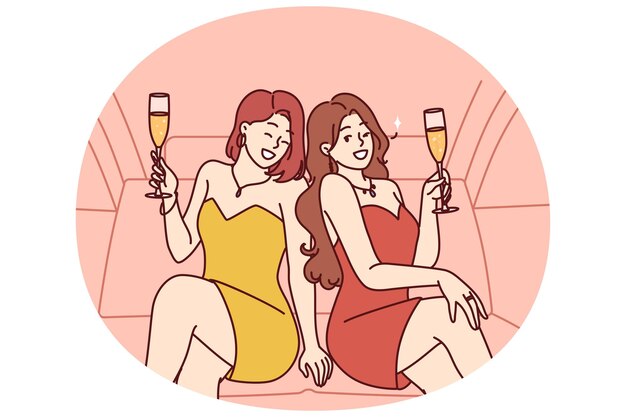 Vector celebrity women sit in luxury car with glasses filled with sparkling wine during bachelorette party