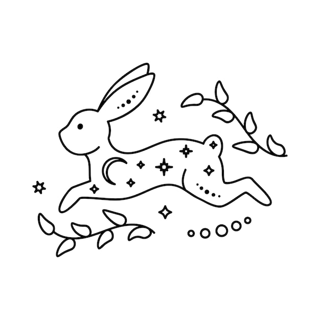 Celestial animal jumping rabbit Magic bunny Black outline magical bunny rabbit mystic