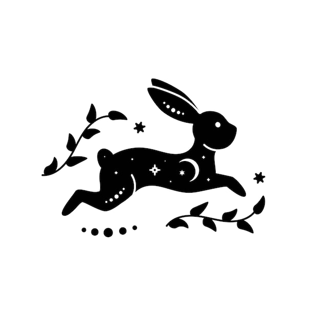 Celestial animal silhouette of running rabbit magic bunny with natural elements black magical