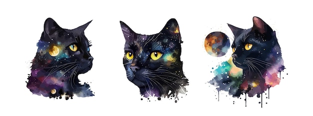 Celestial black cat watercolor painting portrait of black cat animal isolated on white background abstract watercolor cat vector illustration