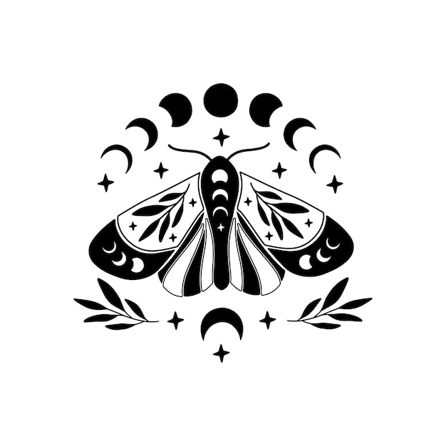 Celestial butterfly vector illustration Mystical moon moth with moon phases Boho magic insect on white background Template for modern poster card t shirt print trendy tattoo