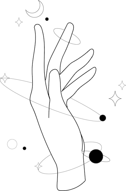 Celestial hand with moon and stars for tarot and tattoo