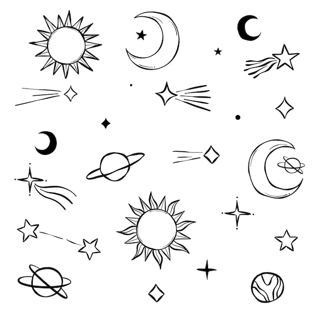 Vettore celestial line art doodles vector clip art set con elementi solari, lunari e stellari illustrazioni magiche