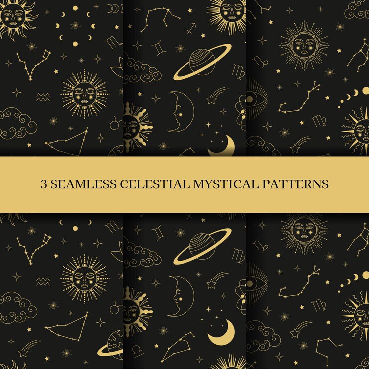 Vector celestial mystical astrology seamless patterns set of celestial mystic esoteric seamless patterns