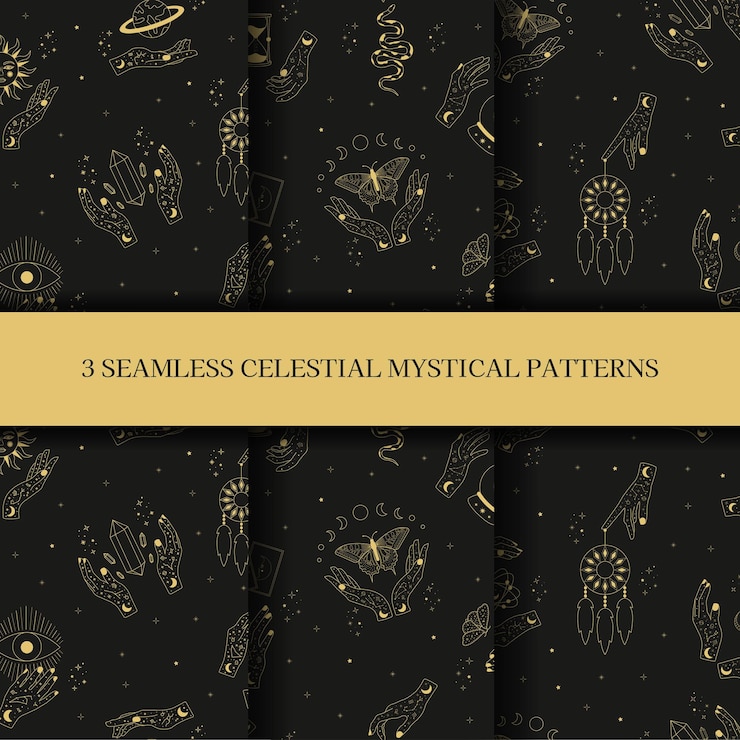 Vector celestial mystical astrology seamless patterns set of celestial mystic esoteric seamless patterns