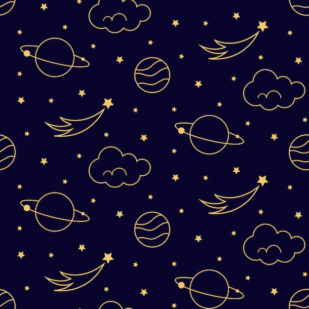 Celestial planet astrological golden seamless pattern on dark background