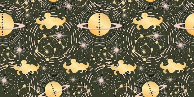 Vector celestial seamless pattern with cloud and planett magic astrology in boho vintage style mystical pagan golden sun with planets and constellation vector illustration