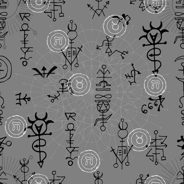 Celestial seamless pattern with fantasy mystic symbols and signs of sun and moon