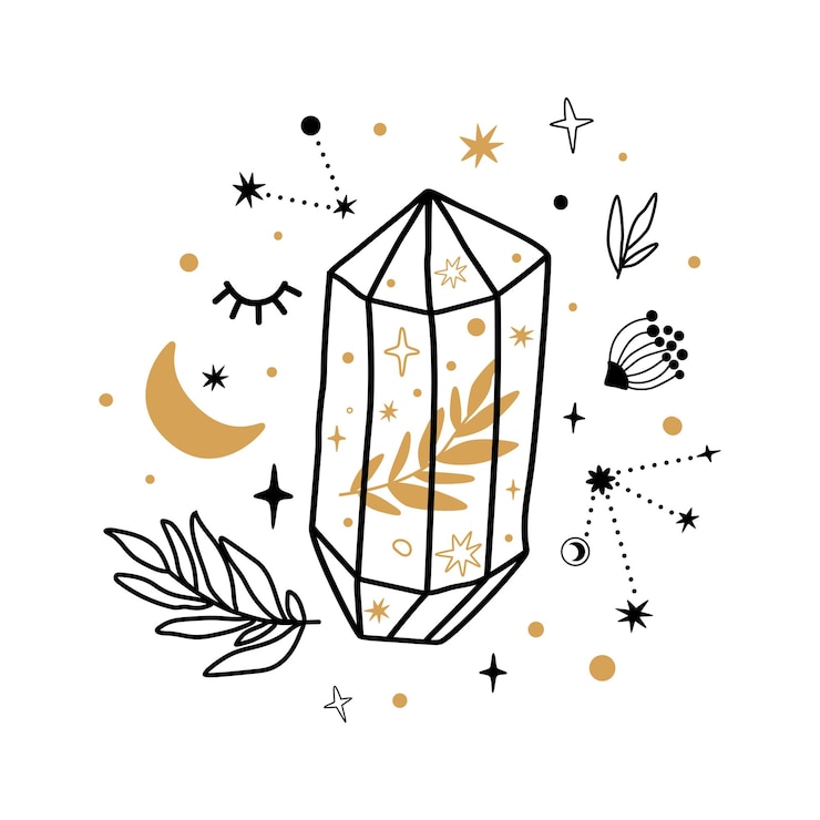 Vector celestial symbols crystal sketch hand drawn line art crystals botany leaf moon stars scared floral gems