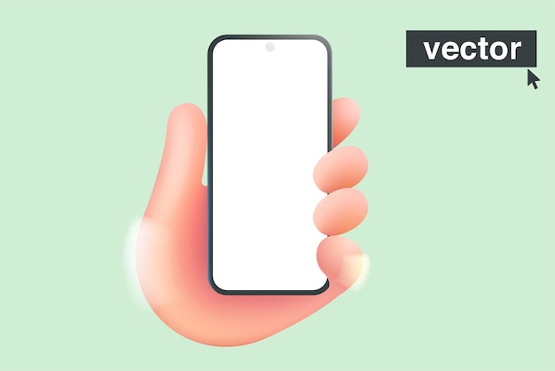 Vector cell phone in hand on green background realistic 3d design in cartoon style vector illustration