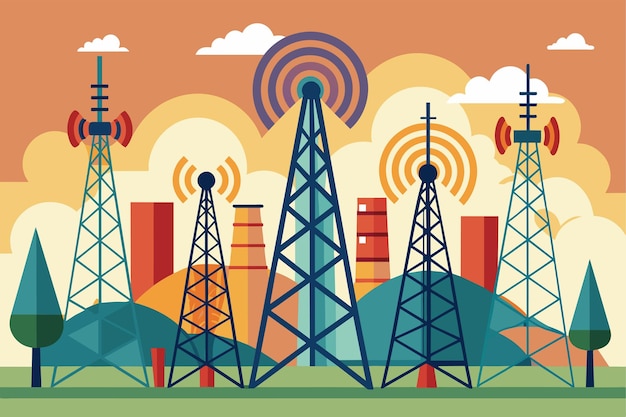 Vector a cell phone tower rises prominently in a field connecting devices to the digital network 5g signal network simple and minimalist flat vector illustration