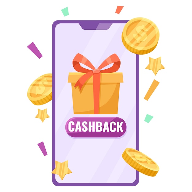 A cell phone with a gold box on it and a red ribbon The box says Cashback and there are coins and stars in the background Vector illustration