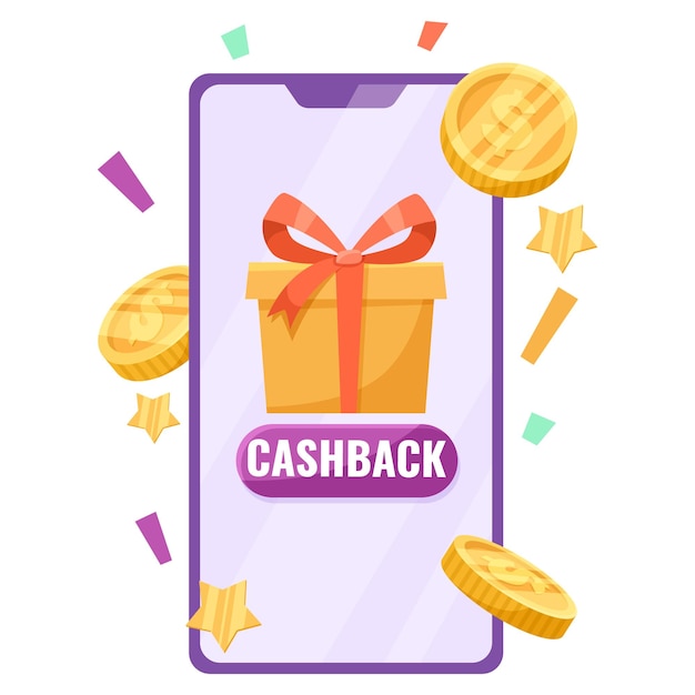 Vector a cell phone with a gold box on it and a red ribbon the box says cashback and there are coins and stars in the background vector illustration