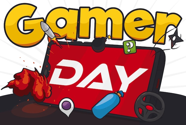 Cellulare con vari stili di videogiochi pronti per divertirsi durante la celebrazione del gamer day