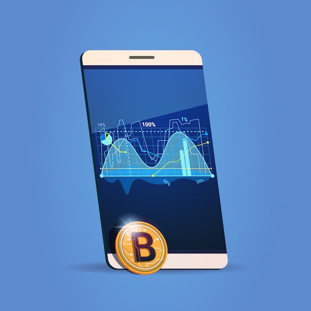 Vector cell smart phone charts and graph bitcoin icon digital web money crypto currency concept