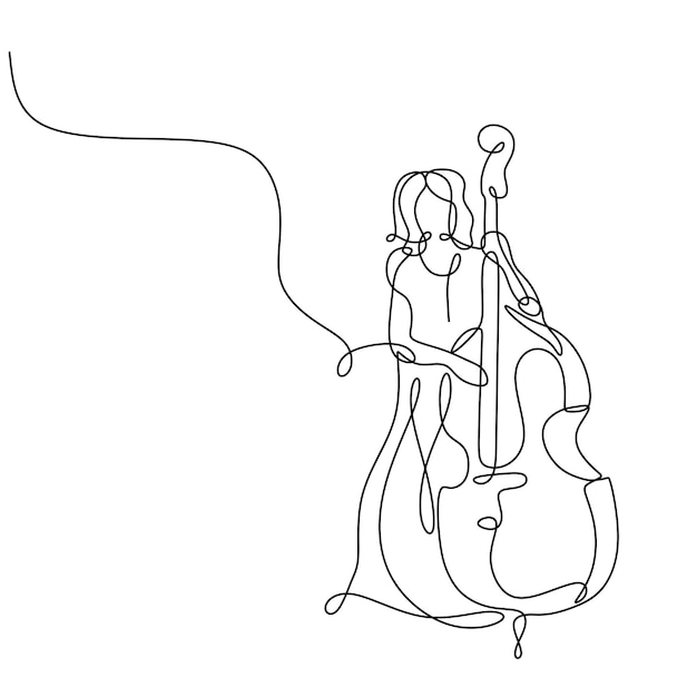 Lettore di musica per violoncello continua una linea che disegna un vettore minimalista di una ragazza in piedi che suona uno strumento di musica classica