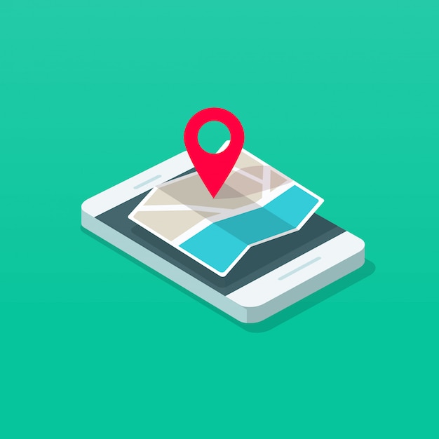 Cellphone or mobile phone and map pointer destination isometric