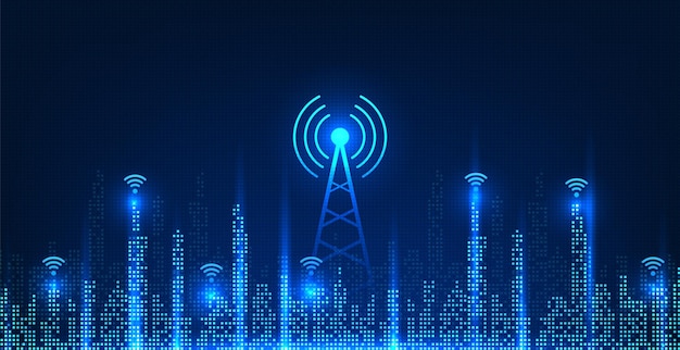 cellular technology located on the smart city is pixelated smart city concept with signal towers