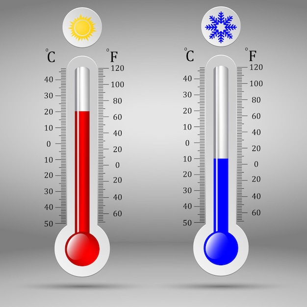 Celsius and fahrenheit meteorology thermometers measuring heat and cold illustration