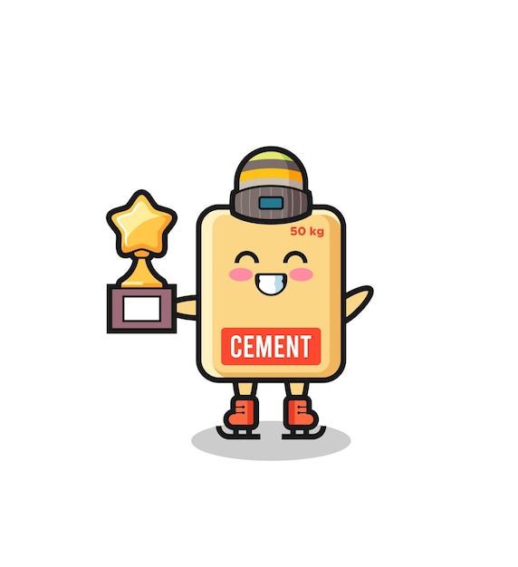 Cement sack cartoon as an ice skating player hold winner trophy