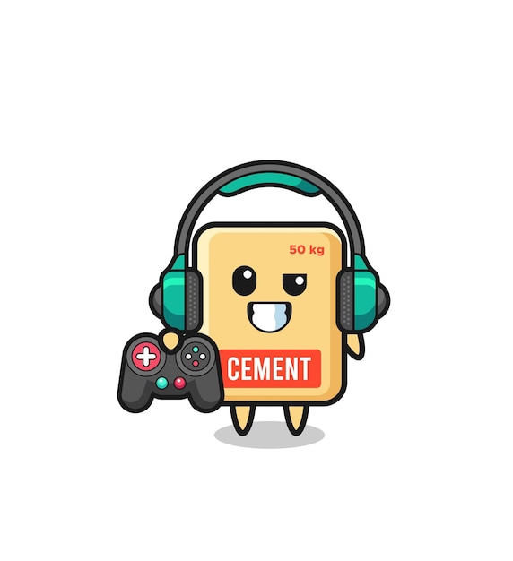 Mascotte del giocatore del sacco di cemento che tiene un controller di gioco