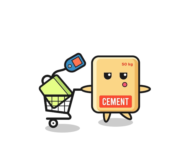 Cement zak illustratie cartoon met een winkelwagentje schattig ontwerp