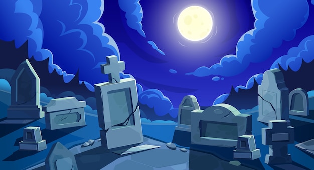 Cemetery at night with full moon,  graveyard with tombstones and cracked stone crosses.