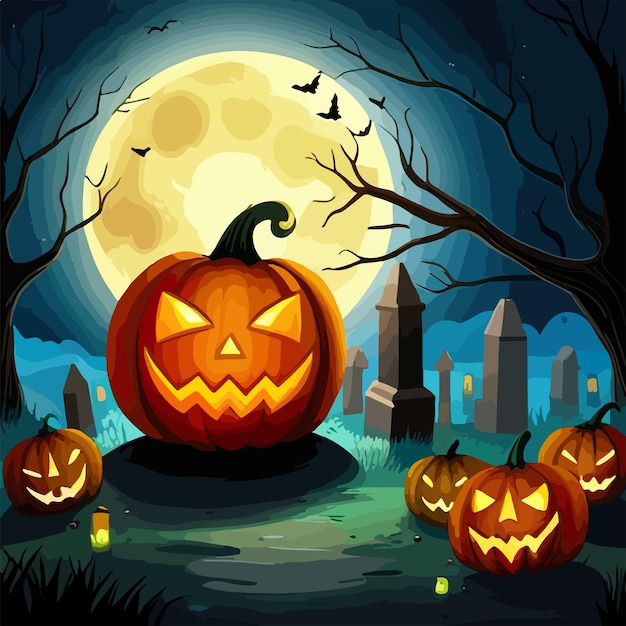 Cemetery and pumpkins halloween background with bats and trees tombstones and fireflies against