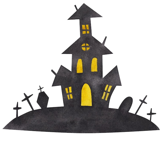 Cemetery tombstones and crosses sinister house Isolated element watercolor illustration