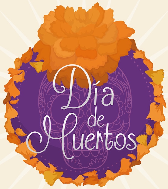 Cempasuchil or marigold flower petals around button with Mexican skull for Mexican Dia de Muertos