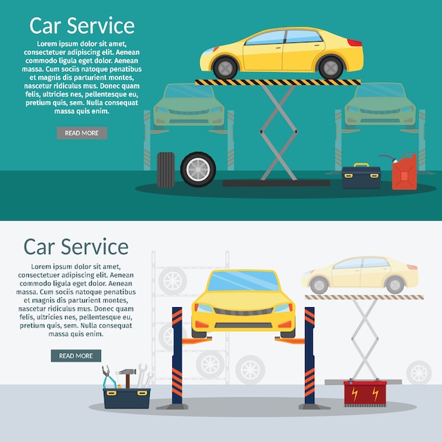 벡터 수리와 센터 기계 자동차 서비스 차량 확인 평면 수평 배너 휠 기계 및 그림