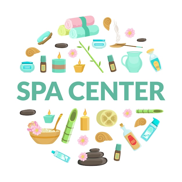 Center spa banner template natuurlijke cosmetica en organische huidverzorgingssymbolen patroon van ronde vorm schoonheidsalon winkel wellness center vector illustratie