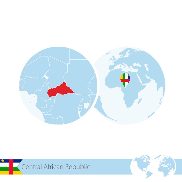 Centraal-afrikaanse republiek op wereldbol met vlag en regionale kaart van auto. vectorillustratie.