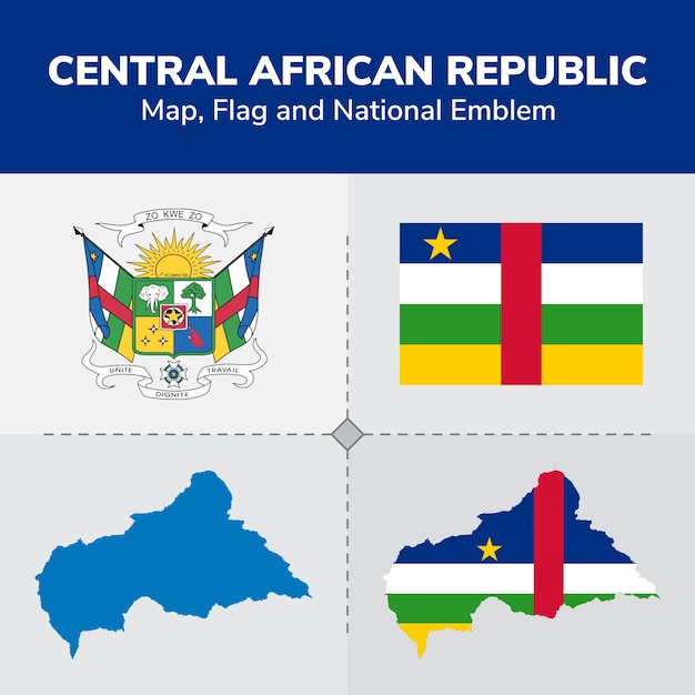 Vector central african republic map, flag and national emblem