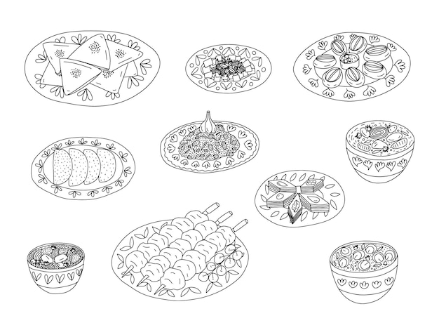 Set vettoriale di piatti della cucina dell'asia centrale diversi tipi di cucina dell'asia centrale samsa shorpa shashlik pilaf lagman soup e beshbarmak