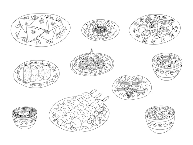 Central Asian food cuisine dishes vector set Different kinds of central Asian cuisine samsa shorpa shashlik pilaf lagman soup and beshbarmak