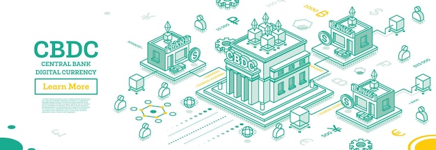 Central Bank Digital Currency or CBDC Isometric Financial Concept with Scheme of Interaction between Central Bank and Commercial Banks