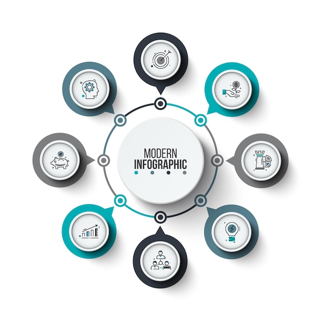 Central circle with 8 small circles around it. Infographic cycle design template.