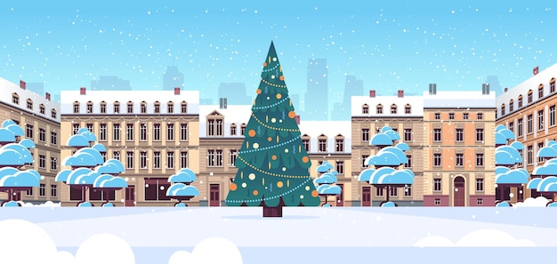 central city square with decorated christmas tree happy new year winter holidays celebration concept cityscape background horizontal vector illustration