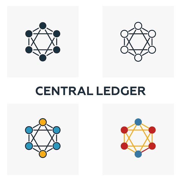 Central Ledger icon set Vier elementen in verschillende stijlen van blockchain iconen collectie Creative Central Ledger iconen gevuld overzicht gekleurde en platte symbolen