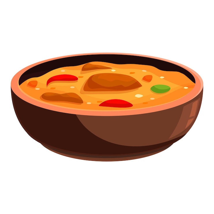 Vector ceramic bowl presenting steaming hot chicken curry dish
