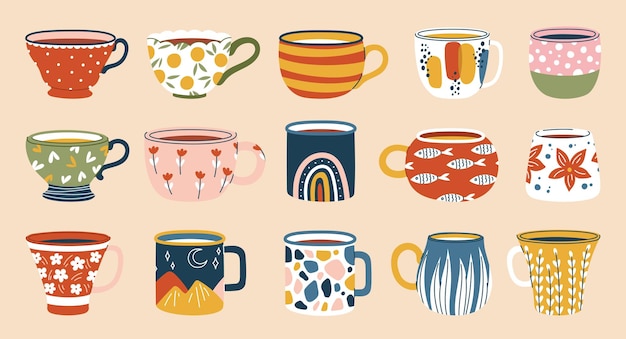 Vector ceramic coffee cups and tea mugs kitchen crockery