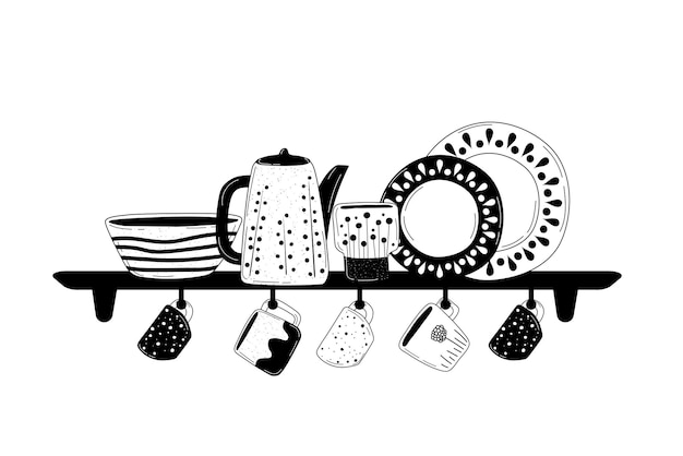 세라믹 요리 그릇 접시 컵 요리와 같은 장식 수제 주방 용품 또는 식기류 서빙 및 장식 디자인 손으로 그린 벡터 일러스트 레이 션을 준비하는 음식을위한 조리기구