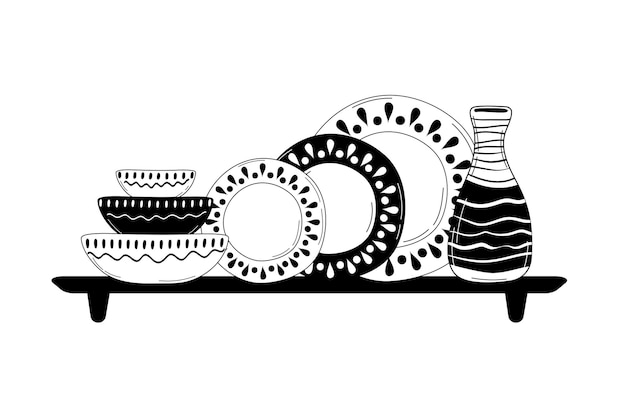 Stoviglie da cucina in ceramica utensili da cucina fatti a mano decorativi o stoviglie come piatti tazze piatti pentole per la preparazione di cibi che servono e decorazione design disegnato a mano illustrazione vettoriale