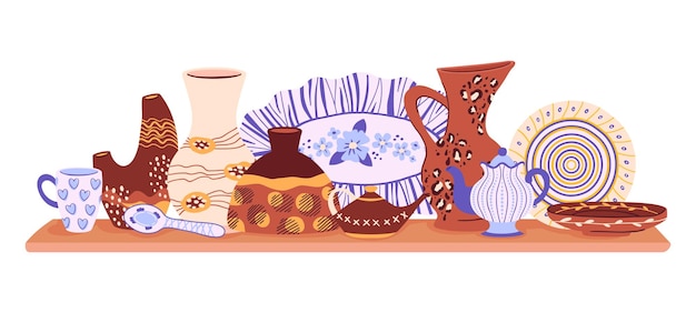 Керамическая посуда Современная керамическая посуда ручной работы кухонная полка с декоративной керамикой Глиняная керамическая посуда плоская векторная иллюстрация