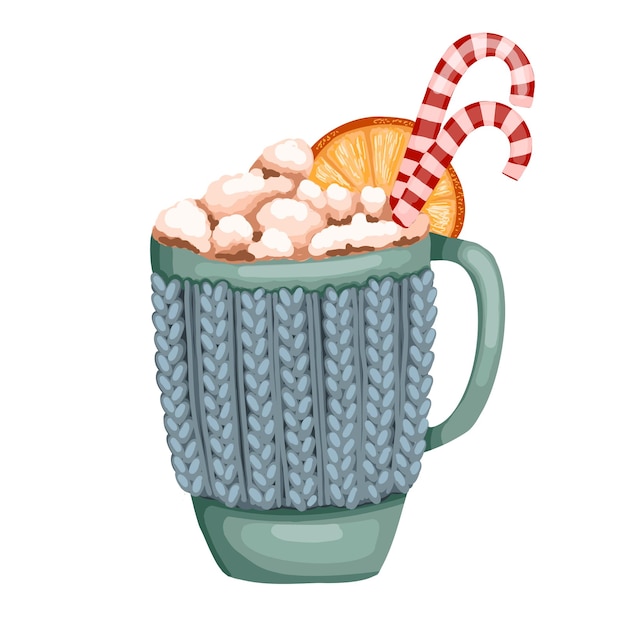 Ceramic cup with hot chocolate, cream and marshmallows. Cinnamon stick, and cinnamon. Winter cappucc