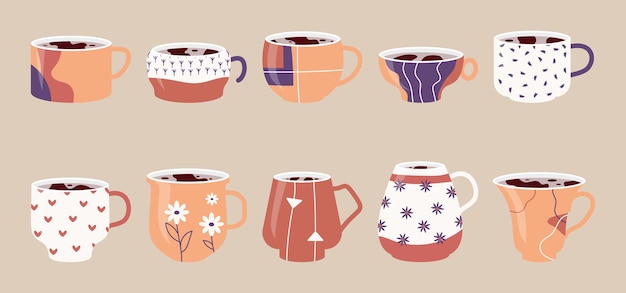 Ceramic cups set, mugs with abstract floral linear pattern, cup tea or coffee in flat cartoon style